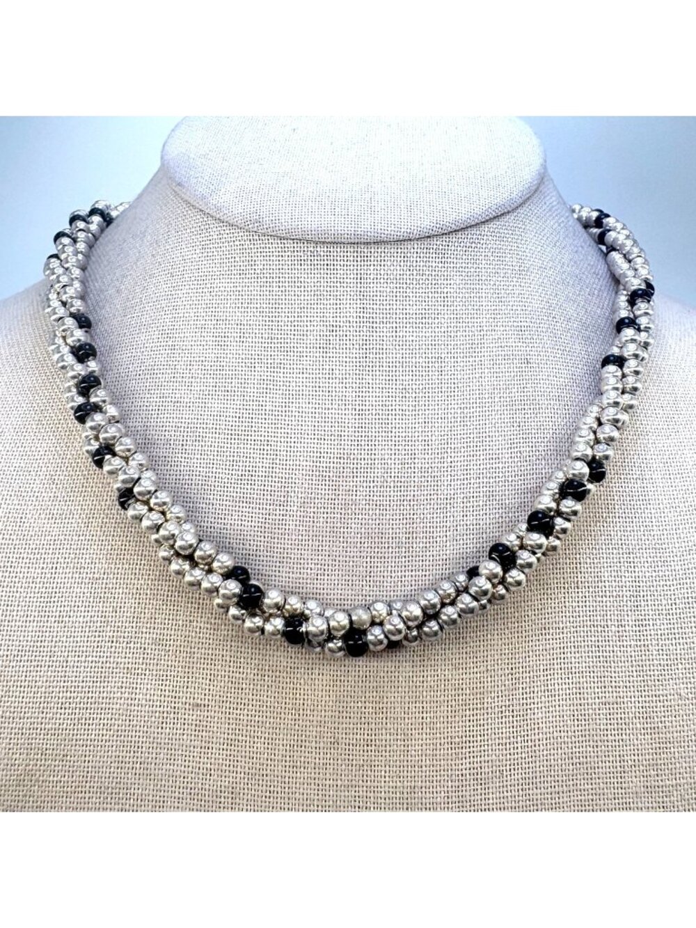 Triple Strand Silver Bead & Black Onyx Necklace 925 Sterling Silver 20" L